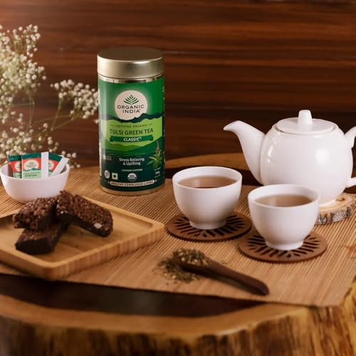 Image of A TATA Product - Organic India Tulsi Green Tea Classic - 25 Tea Bags, Uplifts Mood, Rich in Antioxidants, Blend of Rama, Krishna & Vana Tulsi, Certified Organic (Pack of 3)