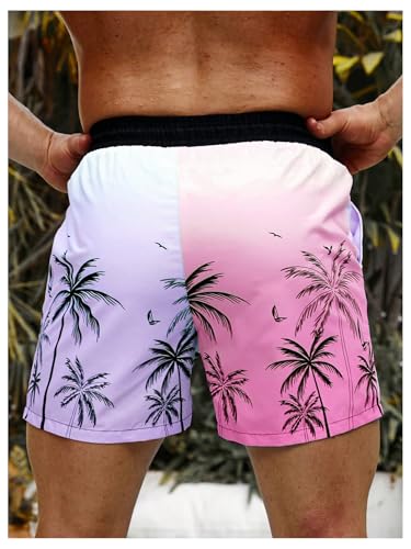 WDIRARA Men's Tropical Print Color Block Swim Trunks Drawstring Elastic Waist Beach Shorts with Pockets Pink and Purple Large2