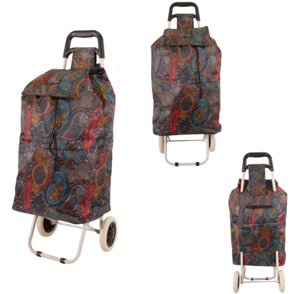 MS-001 80L Lightweight Shopping Trolley with 2 Wheels, Foldaway Push/Pull Cart for Easy Storage, Flower Pattern Red