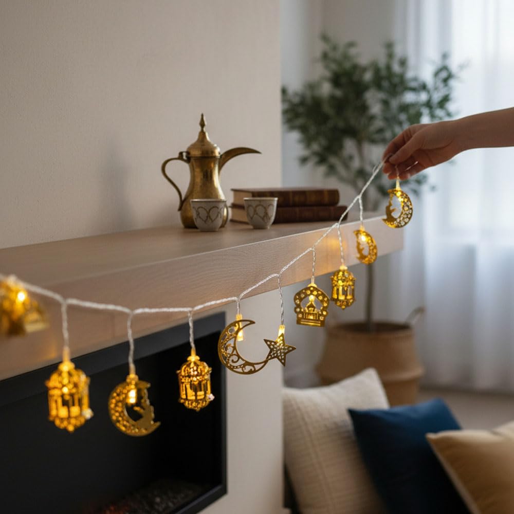 Coverzone 10’lu 2 Metre Pilli LED Ramazan Kandil Temalı Dekoratif Işık, Sarı Işık 2 Modlu Aydınlatma, Oda Balkon ve Duvar Süsleme İçin Uygun,Şık Tasarım-CK1 (Ramazan Işığı, 10 Lu 2 Metre)