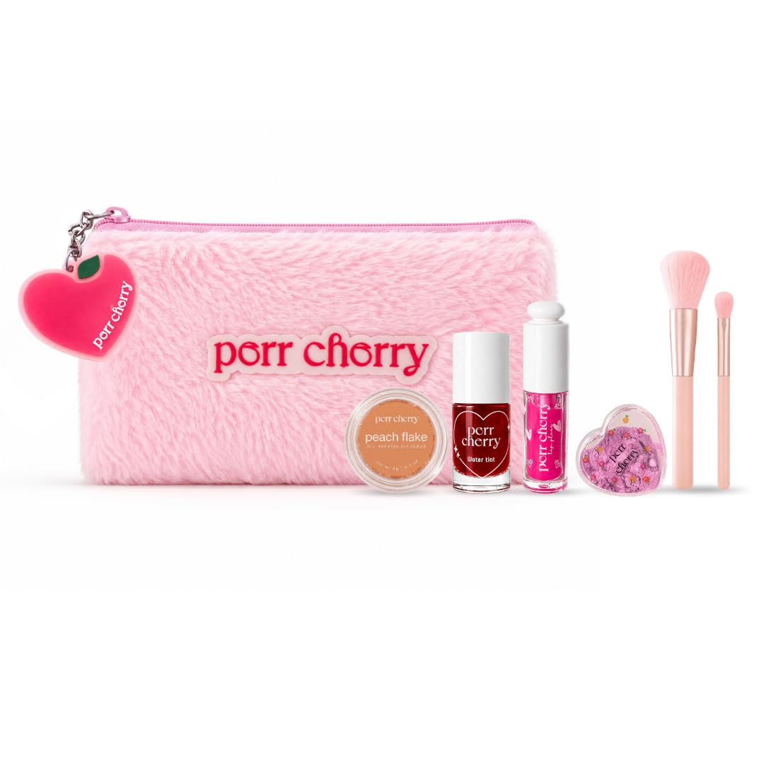 Perr Cherry 8-Piece Organic Makeup Kit for Kids, Preteens & Teen Girls | 100% Natural & Skin Friendly | Includes Eye & Cheek Blush-Hlighlighter, Lip & Cheek Water Tint, Lip Gloss, Brush (Sugar Fluff Pouch, Assorted Colour)-image-26
