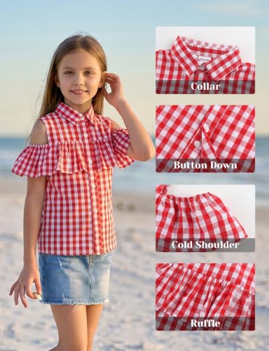 Image of Noomelfish Girls Ruffle Cold Shoulder Top Blouse Short Sleeve Button Down Shirts (4-12 Years)