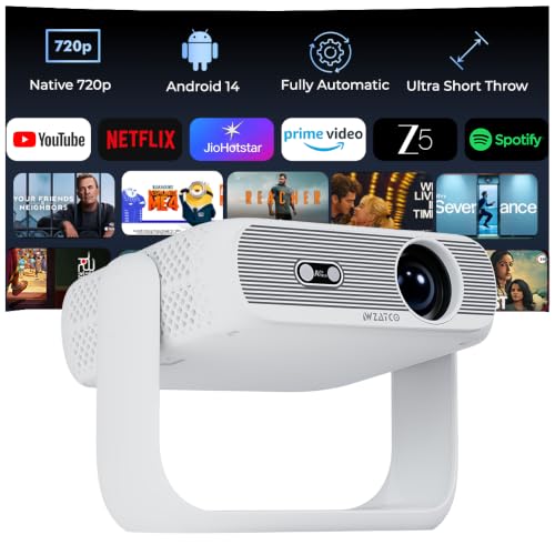 Image of WZATCO Yuva Prime, Android 14, Auto Focus Smart Projector, 1080P & 4K Support, Ultra Short Throw, Rotatable Design, Netflix, Prime etc, 11000 Lumens, WiFi 6 & BT, Screen Mirroring, 720P Native, White
