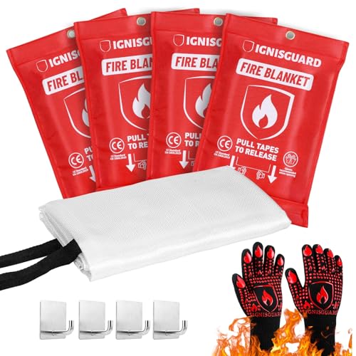 IGNISGUARD Fire Blankets 4 Pack 40x40in with 1 Pair Fire Resistant Gloves & 4 Hooks Fiberglass Fire Blankets Emergency for Home and Kitchen Suppressant for Grease & Electrical Fires RV Camping