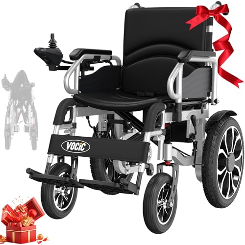 VOCIC V56 Rollstuhl Elektrisch Faltbar Leicht,30KM Elektrischer Rollstuhl bis 150KG,Outdoor Elektrorollstuhl mit 40CM Gummi Luftbereifung für all Gelände,Leicht zu transportieren (Silber)