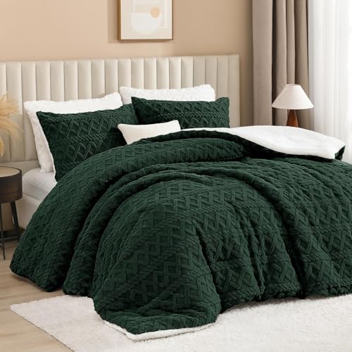 Andency Fluffy Sherpa Full Comforter Set Dark Green, Super Soft Emerald Green Fleece Warm Bedding...