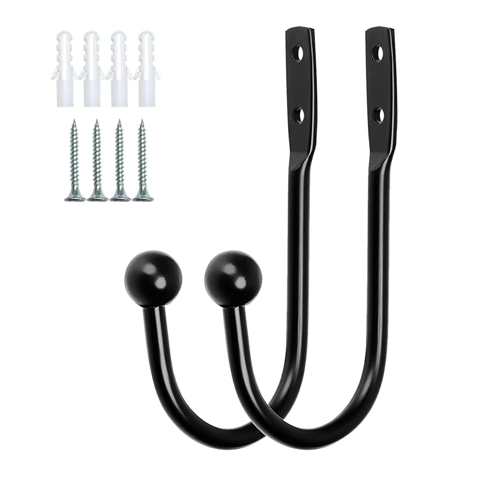 2 Pcs Black Curtain Tie Backs Hooks,Toolzia Round Head U Style Metal Curtain Holdbacks Wall Mounted Drapery Hold backs For Window/Shower/Curtain/Tassel