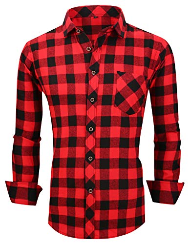 XTAPAN Men's Plaid Casual Regular Fit Long Sleeve Lattice Button Down Dress Shirt US XS=Tag 41 Red Black M625