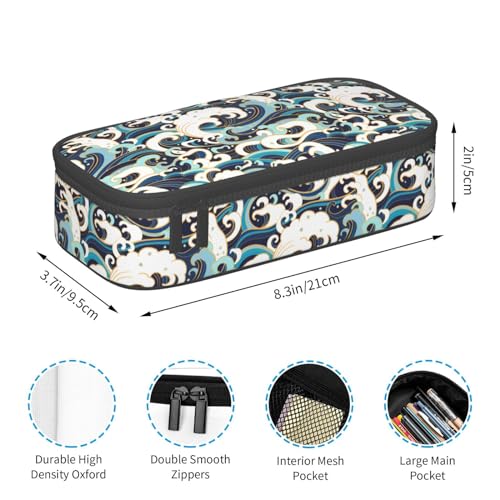 Image of Japanese Ocean Waves Large Pencil Case With Zipper Compartments Stationery Pencil Bag For Kids Teens Students School Supplies