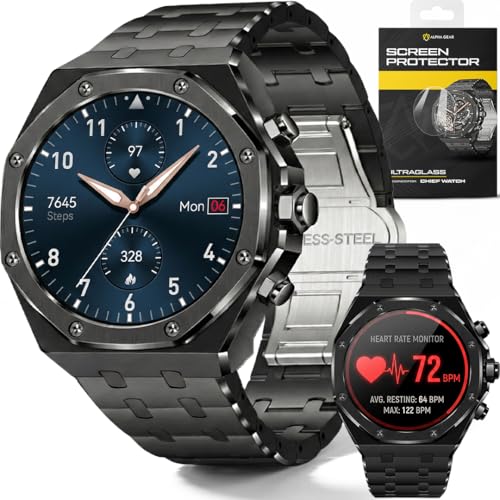 ALPHAGEAR Chief Smartwatch for Men Premium Hex Bezel Metal Smart Watch AI Voice Assistant 14-Day Battery AMOLED Display Bluetooth Calling Stainless Steel Water Resistant (Dark Gray)