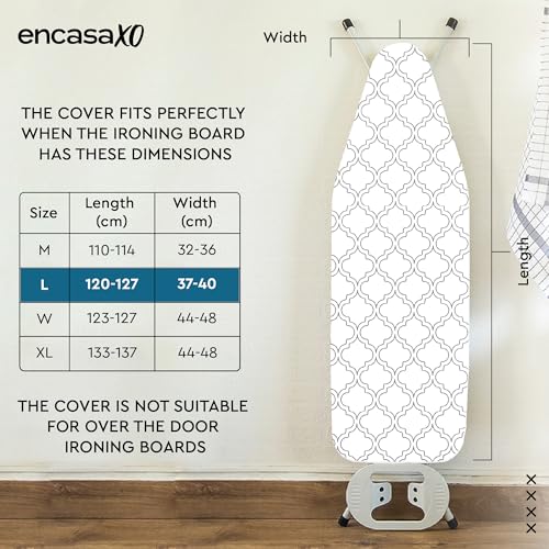 Image of Encasa XO Ironing Board Cover with 3mm Thick Felt Pad for Steam Press (Fits Standard Large Boards of 125x39 cm) Heat Reflective, Scorch & Stain Resistant, Printed - White Tiles