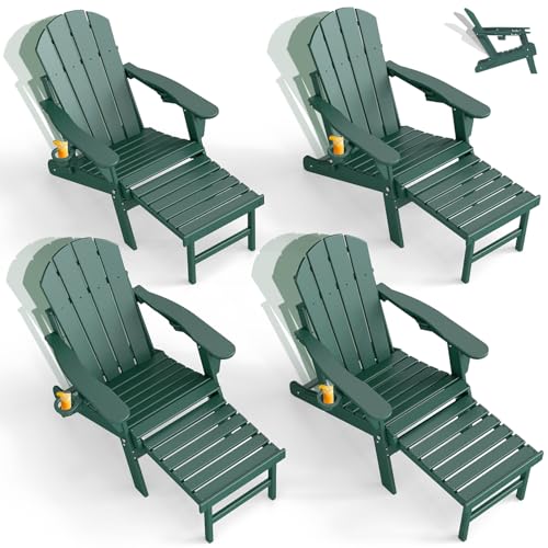 GREENVINES Adjustable Adirondack Chair with Retractable Ottoman Set of 4 | Folding | HDPE Plastic | Fire Pit Chairs w/Foot Rest | 2 Cup Holders | Fore