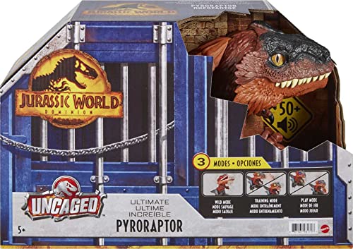 Image of Mattel Jurassic World Dominion Uncaged Interactive Dinosaur Toy, Ultimate Pyroraptor Action Figure with Lights & Motion, 3 Play Modes