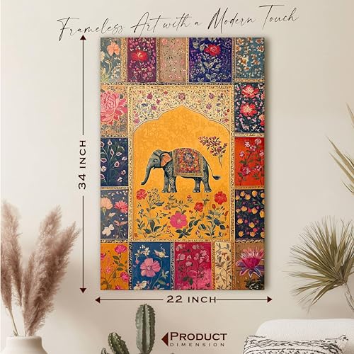 Image of PAINTINGMANTRA Abstract Stretched Canvas Multicolor Wall Art Painting Elephant Madhubani Beautiful Wall Decor in Yellow, Beige and Multicolor for Living Room, Bedroom, Office - 22x34 Inch