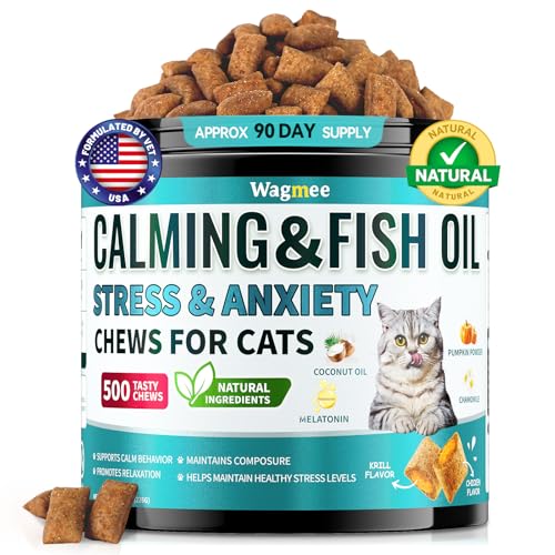 Wagmee Cat Calming Treats - 500 Crunchy & Creamy Cat Chews with Melatonin, Chamomile for Cat Stress...