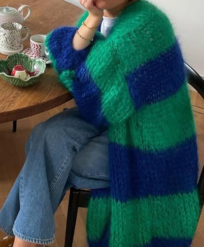 Womens Color Block Striped Cardigan Sweaters Loose Knitted Long Open Front Cardigans4