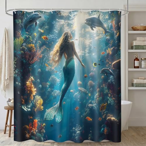 Fantasy Mermaid Shower Curtain Underwater Ocean Dolphin Colorful Coral Fish Bathroom Decor Sea Marine Life Kids Girls Waterproof Fabric Bath Set with Hooks 72x72 Inch