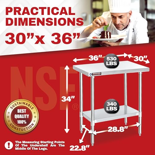 Image of DuraSteel 30x36 Stainless Steel Work Table - NSF Commercial Prep Metal Table - Outdoor Pizza Oven Stand w /Under Shelf - Kitchen Island Laundry Utility Garage Microwave Stand Large Rolling Storage Cart