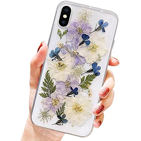 AMART for iPhone Xs Max Case Flowers, Clear Cute Pressed Real Flower Daisy Design Transparent Case Soft TPU Rubber Slim Women Girls Protective Floral Cover for iPhone Xs Max(Navy Flower) Cover
