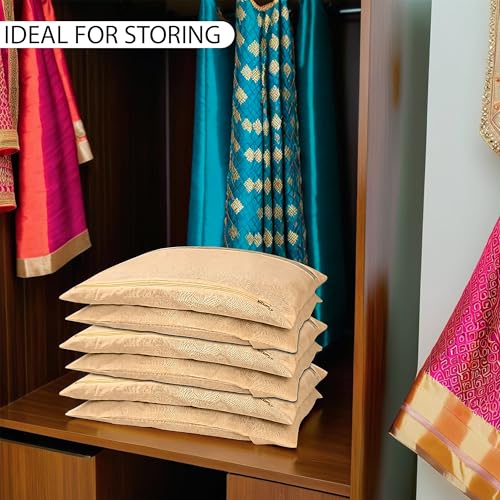 Image of Amazon Brand - Solimo Cotton Saree Bags /Covers with Zip Closure|Wardrobe Organizer with Mesh Window|Single Size (14 x 16 inches)|Pack of 24, Beige