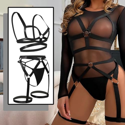 NewBull Damen Body Harness BH Mode Durchgehender Mesh Bodysuit mit Verstellbaren Breiten Trägern Punk Cut Out Harness Körper Voll Riemchen Dessous Damen Harness Strappy