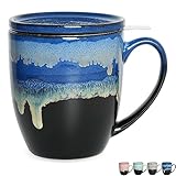 Bosmarlin Ceramic Tea Cup with Infuser and Lid, 16 Oz, 4 Color to Choose Dishwasher and Microwave Safe, Steeping Tea Mug with Strainer (Blue)
