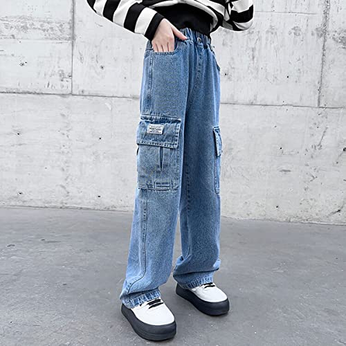 4-14 yrs Kids Girls Cargo Jeans Ripped Distressed Denim Pants Elastic Waist Baggy Trousers4