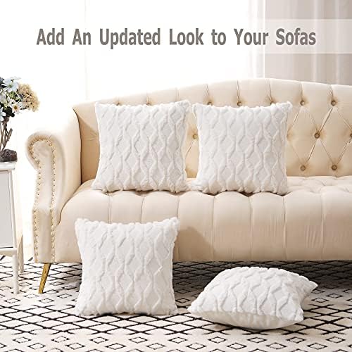 Volcanics Set of 2 Faux Wool Decorative Cushion Covers Soft Plush Square Boho Throw Pillow Cases Velvet Pillow Shell for Sofa Bedroom White 45x45 cm (18x18 inch)