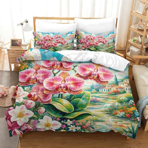 Housse de couette King imprimée 3D orchidée en tissu microfibre premium