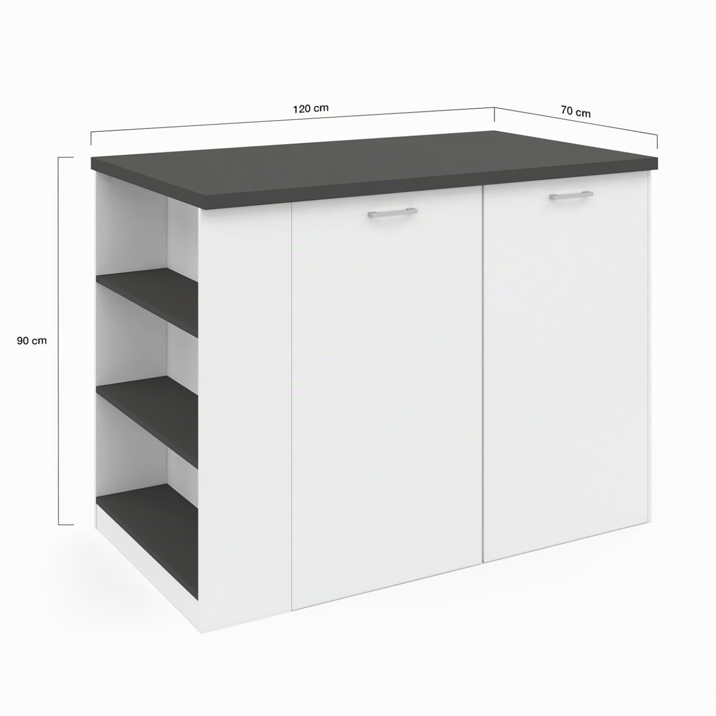 IDMarket – Ilot Central TIBO 120 cm, madera blanca con encimera gris antracita