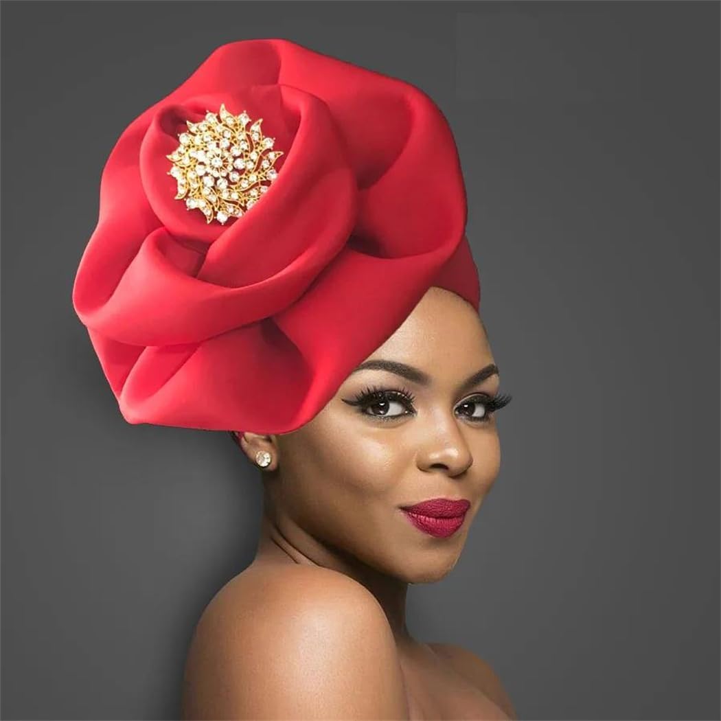 Women Trendy Big Flower Turban Hat Fashion Muslim Hijab Caps Diamonds Headwrap Ladies Chemo Cap African Hat