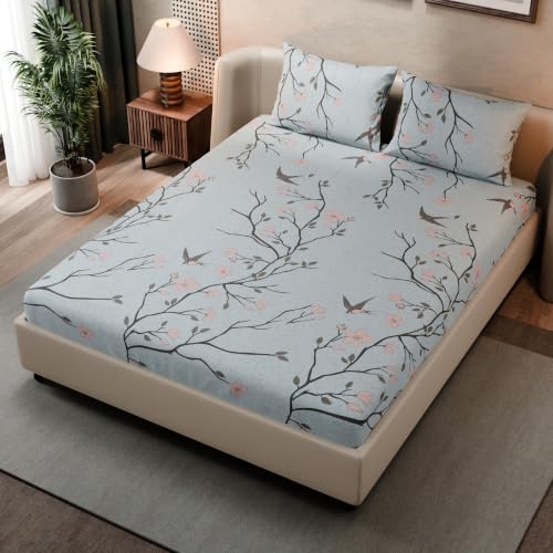 Image of BLISSHOME SoftTouch 140TC Cotton King Size Fitted Bedsheet with 2 Pillow Covers, Silky Smooth Bedding Set, Breathable, Easy Maintain, Floral Print - Grey, Pink (182cm x 198cm x 25cm Drop)