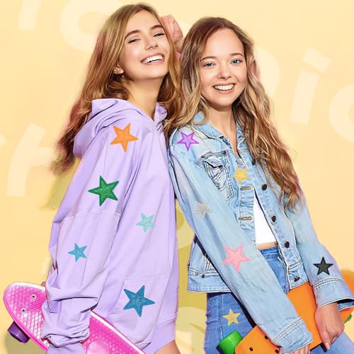 AUGSUN 36pcs Glitter Star Iron on Patches Clothing Embroidered Colorful Shiny Star Sew on Patches Applique Repair Patch DIY Crafts for Clothing Jacket Jeans Pants Dress Backpack Hat Decorations