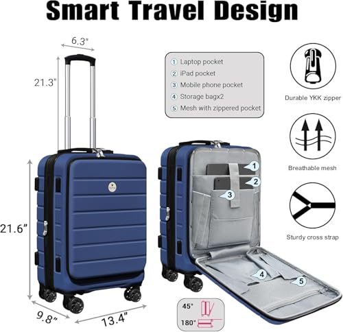 Classic 20" Carry-On Luggage Set with TSA Lock Spinner Wheels, Lightweight Hardside Expandable Suitcase with Front Open Pocket, Bonus Travel Backpack and Makeup Bag, Navy Blue2