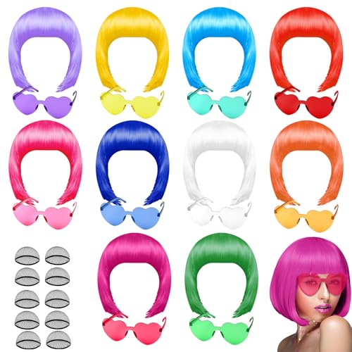 PLULON 20 pcs Pelucas fiesta y Juego gafas de sol, Bob corto neón Peluca Paquete gafas sol Disfraz Vistoso Cosplay peluca fiesta diaria Postizos para despedida soltera neón, Decoraciones Halloween