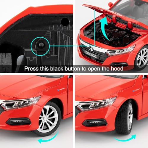 Image of Toy Cars Compatible for 1:24 Accord Model Car | Pull Back Die-Cast Alloy Vehicle with Lights & Sound | Openable Doors | Collectible Toy Car Gift for Kids Boys Girls & Adults (red)