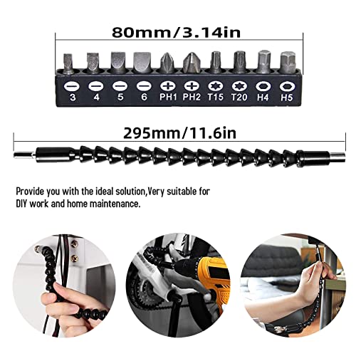 Yioyulen Flexible Drill Bit Extension 11.6Inch, Magnetic Bendable Drill Extension, Manual 90° Right Angle For Magnetic Hex Soft Shaft For Hand Drill Adaptor Size Hexagon 1/4" Black (12Pcs) #TOP4