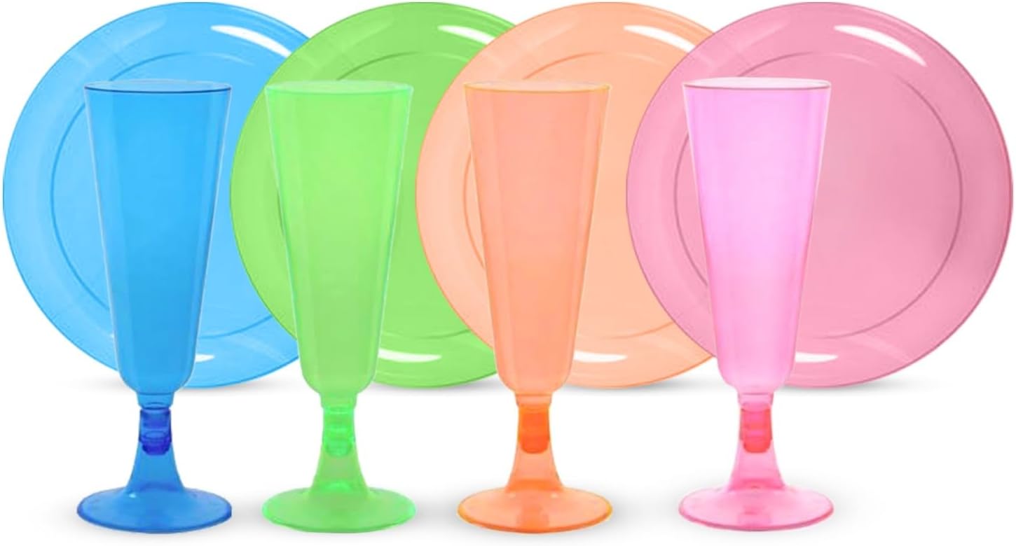 Tiger Chef 272-Piece Fiesta Neon Champagne Flutes Party Pack Includes Hard Plastic Plates, Neon Paper Napkins and Plastic Champagne Glasses in Pink, Blue, Green and Orange (Service for 40)