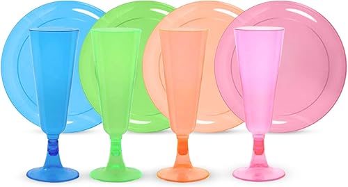 Tiger Chef El paquete de 272 copas de champán neón Fiesta incluye platos de plástico duro, servilletas de papel neón y vasos de champán de plástico