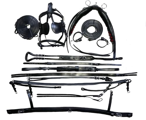 Equitem Black Leather Cob Driving Show Training Cart Harness with Red Trim