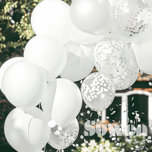 Image of SUWEN White and Confetti Balloons Set 47PCS Latex Helium | White Balloon for Birthday Anniversary Party Decorations