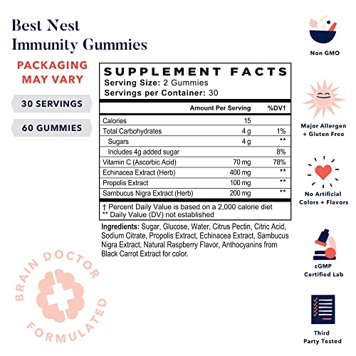 Best Nest Immunity Gummies With Propolis, Echinacea, Elderberry, Vitamin C, Daily Vitamins For Women, Men, Kids, Family, Boost Immune Support And Health, Non-Gmo, Gluten Free, Raspberry, 60 Ct #TOP1