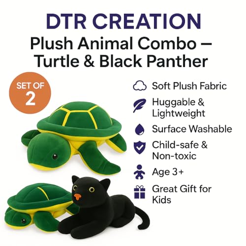 Image of Cute Turtle & Panther Plush Toy Combo - 30 cm Soft Stuffed Animals for Kids | Super Soft & Huggable for Boys & Girls (Pack of 2)