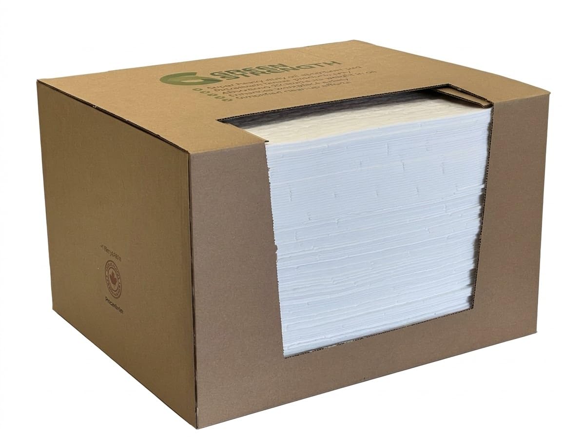 GreenStrength Oil Spill Absorbent Pads (100-Pack) 16"x18" Heavy Duty Hydrophobic Oil-Only - High Absorbency, Floats on Water - Ideal for Garage, Shop, Marine &amp; Industrial Leaks, Made in Canada