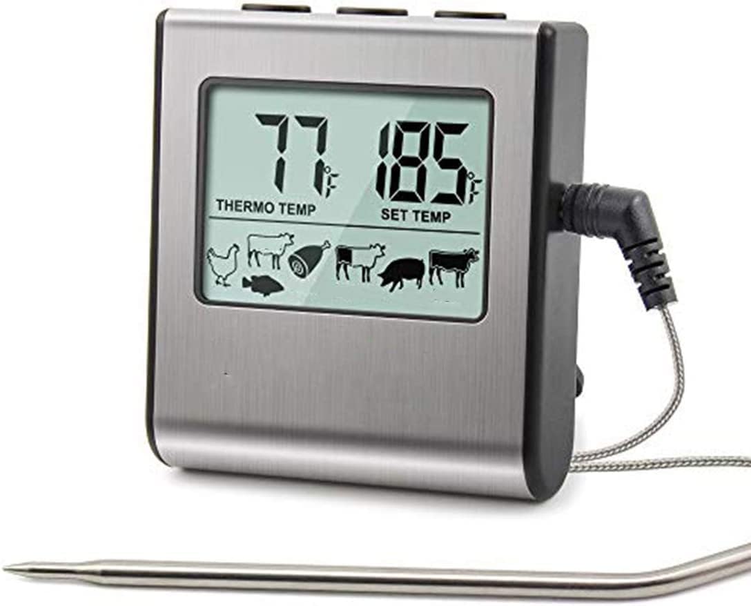 TERRIFI Grill Thermometer, Large LCD Digital Cooking Food Meat Thermometer, Smoker Oven Kitchen BBQ Grill Thermometer Clock Timer with Stainless Steel Temperature Probe for Kitchen Cooking BBQ Grill
