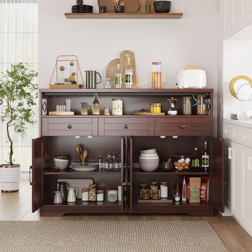 Image of 51 inch Dark Brown Buffet Sideboard Cabinet, Farmhouse Storage Cabinet Kitchen | Pantry with Shelf and Drawers, Wood Cupboard Hutch Cabinet, Coffee Bar Station Table for Kitchen, Living Room, Dining Room