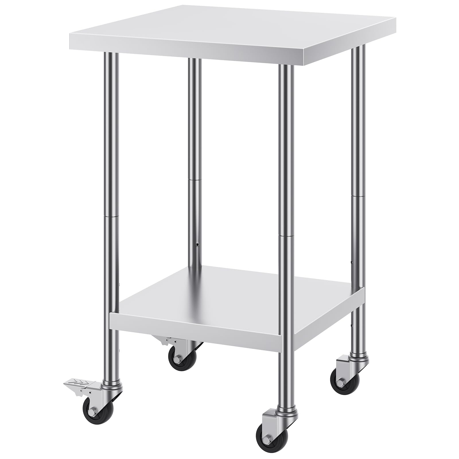 Happybuy 24x24x38 Inch Stainless Steel Work Table, 700 lbs Load Capacity, 4 Wheels, Adjustable Height, Commercial Food Prep Table for Kitchen & Restaurant
