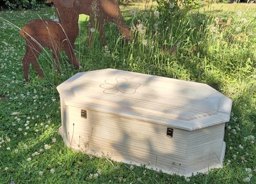 petbye Holz Haustiersarg achteckig Natur belassen – Größe L für kleine Haustiere – Tiersarg mit festem Metallverschluss – Premium-Sarg aus hochwertigem Holz