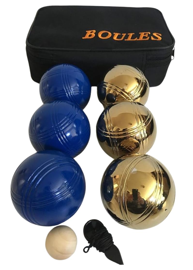 BuyBocceBalls Listing -73mm Metal Petanque/Boules 6 Ball Set with 3 Blue and 3 Gold Balls and Black Bag