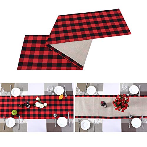 Artmag Christmas Table Runner Red Black Cotton Buffalo Check Plaid and Burlap Double Sided Reversible Table Runner for Holiday Christmas Table Decorations, 14 x 72 Inch